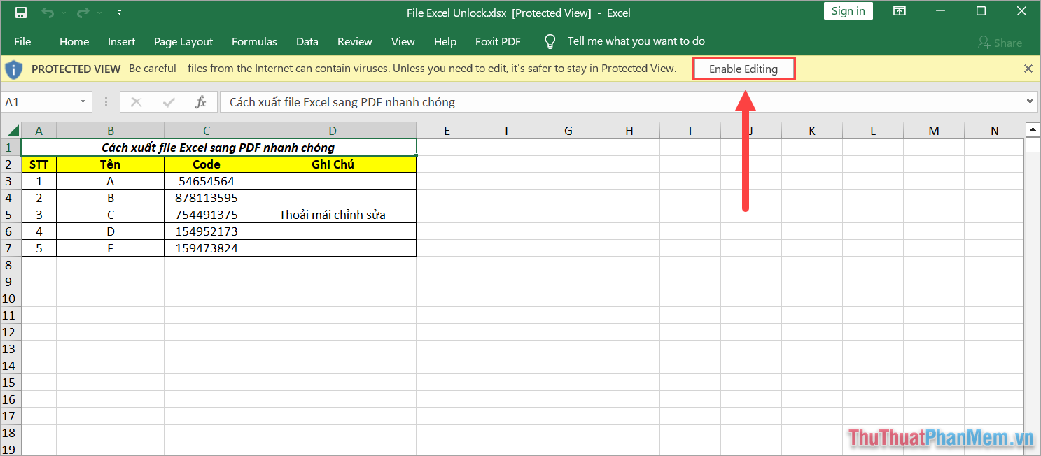 Mở file bằng Excel và chọn Enable Editing để tiến hành chỉnh sửa
