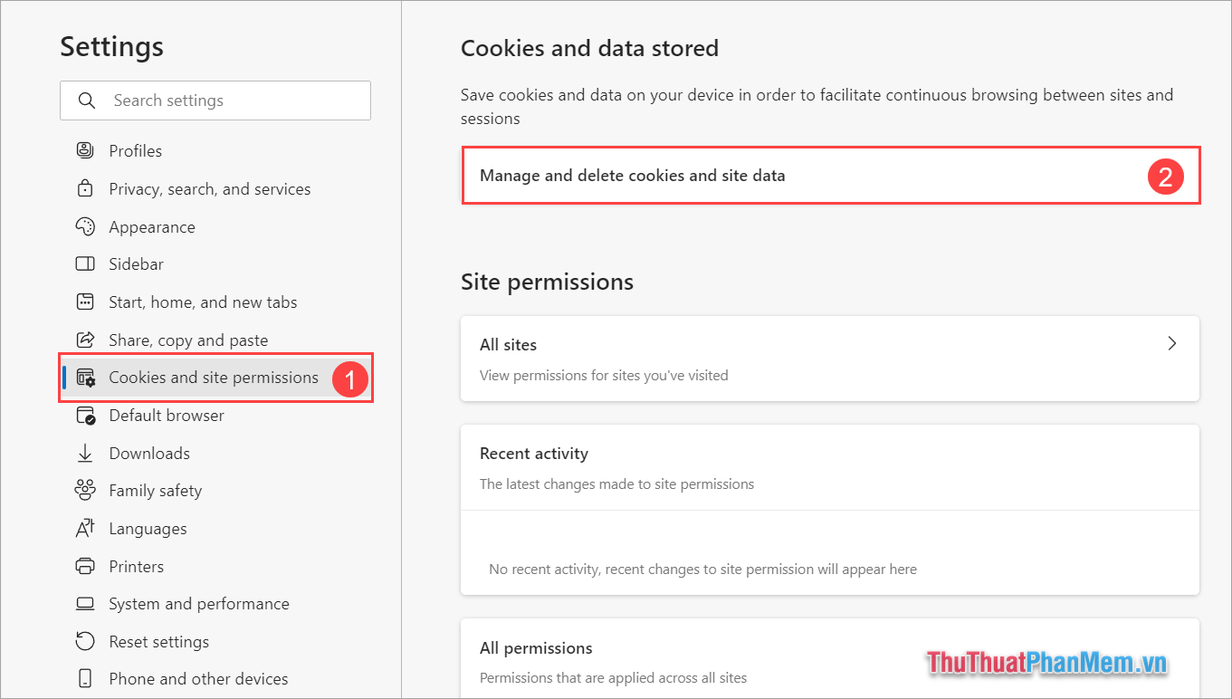 Chọn Cookies and site permissions (1) → Manage and delete cookies and site data (2) để thiết lập Cookies