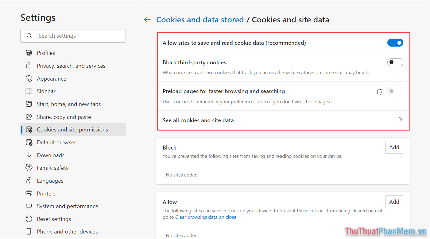 Thiết lập Cookies trên Microsoft Edge