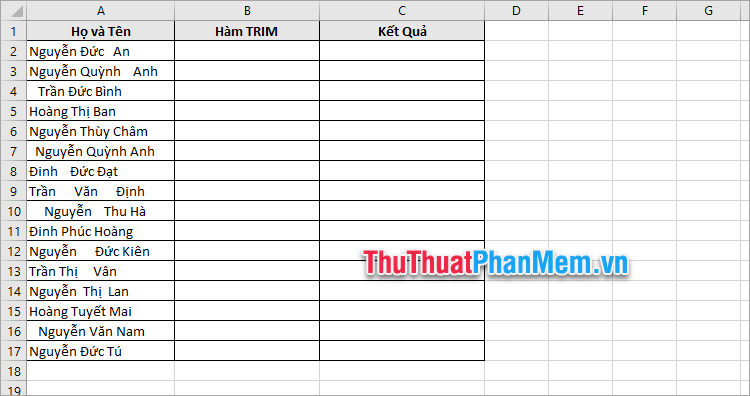 Sử dụng hàm TRIM xóa khoảng trắng trong Excel