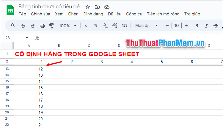 Cố định hàng trong Google Sheets thành công