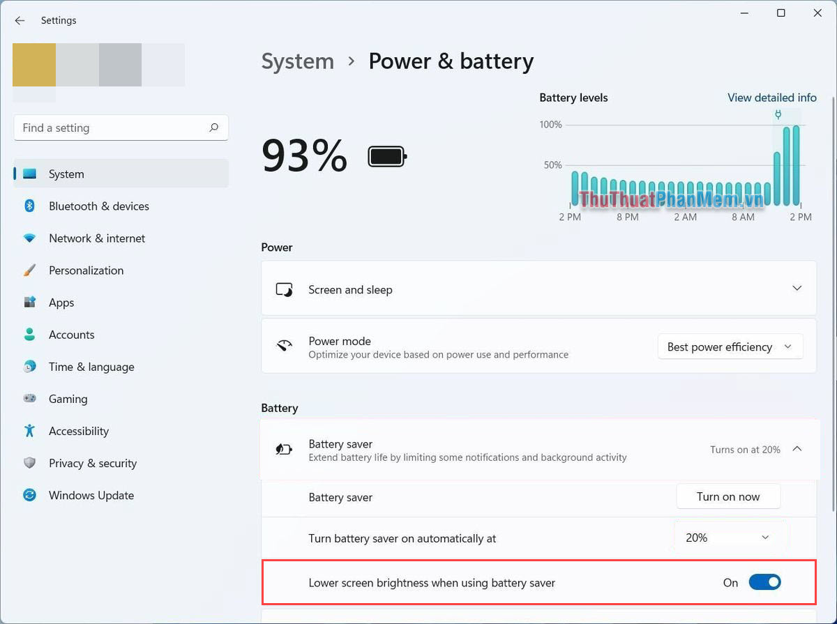 Tắt tính năng Lower screen brightness when using battery saver