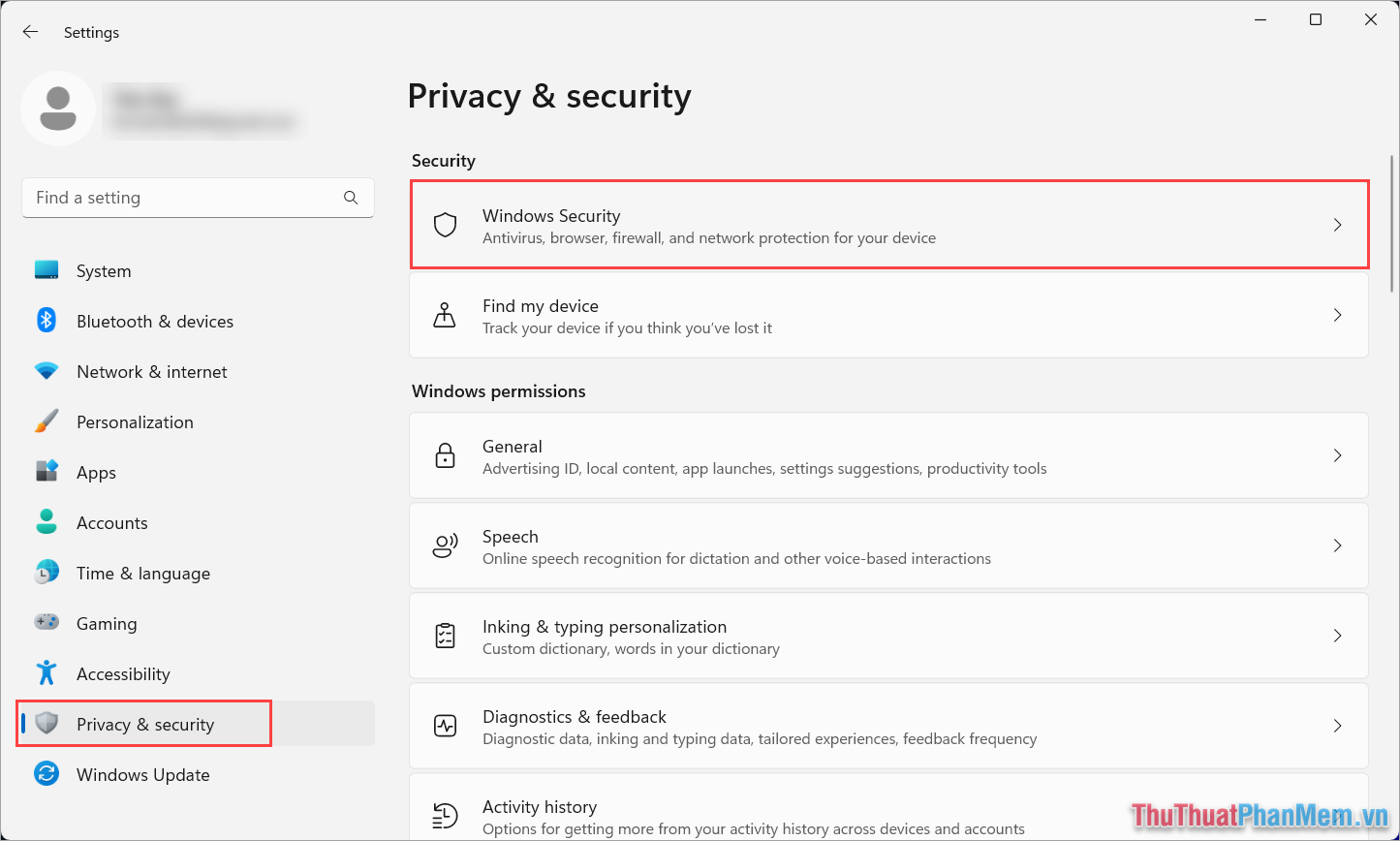 Chọn Privacy & Security và chọn mục Windows Security