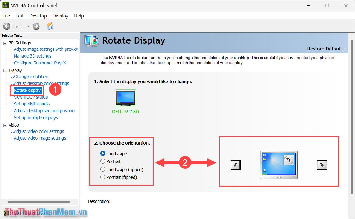 Chọn Rotate display (1) và thiết lập các chế độ xoay màn hình (2)