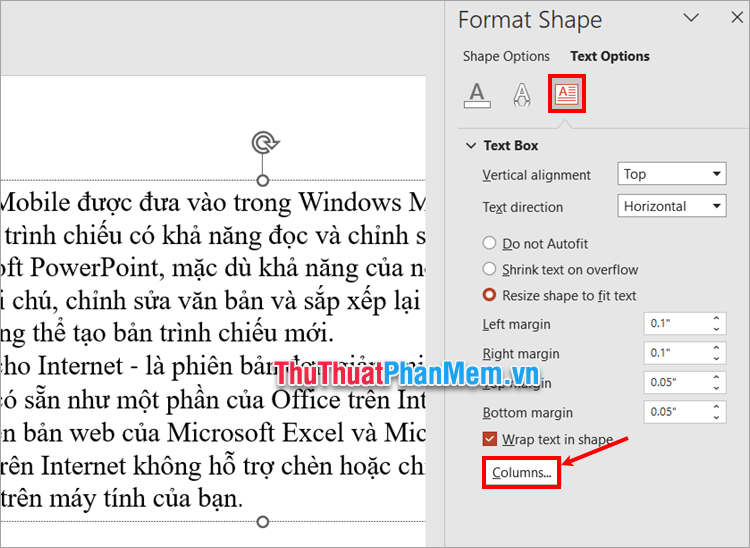 Xuất hiện Text Options của Format Shape, chọn Text Box → Columns