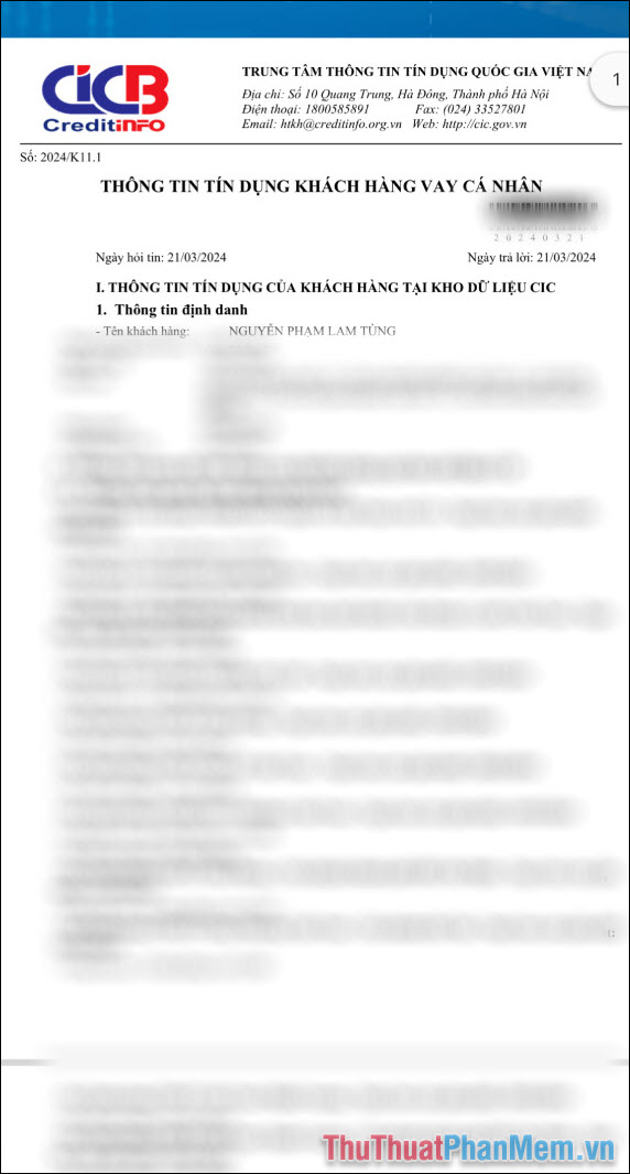 Báo cáo Thông tin tín dụng khách hàng vay cá nhân