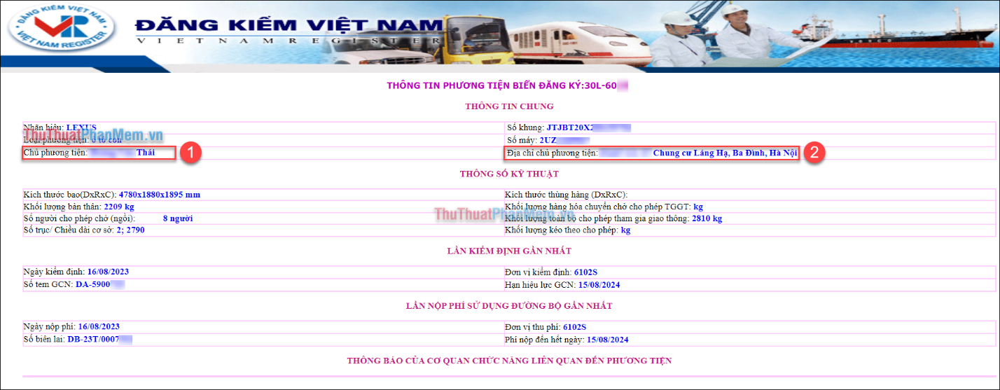 Các thông tin hiển thị trực tiếp trên trang Cục Đăng kiểm Việt Nam