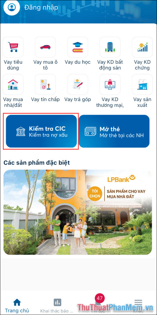 Chọn mục Kiểm tra CIC – Kiểm tra nợ xấu