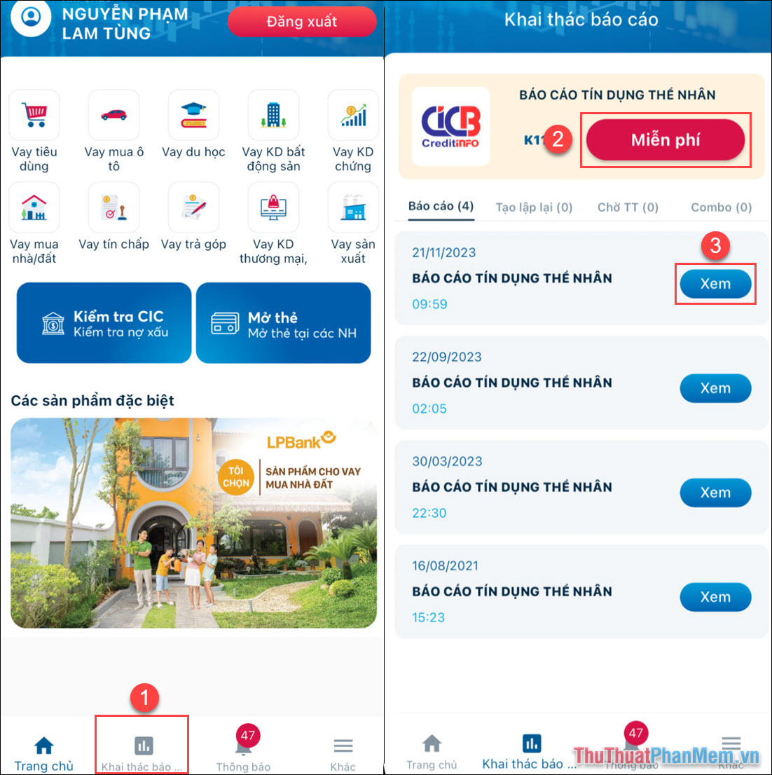 Chọn mục Miễn phí để thực hiện khai thác báo cáo tín dụng thế nhân