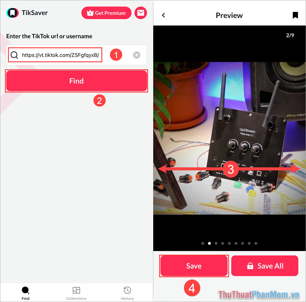 Dán liên kết vào hộp thoại (1)  chọn Find (2) để tìm kiếm toàn bộ hình ảnh trong Video TikTok