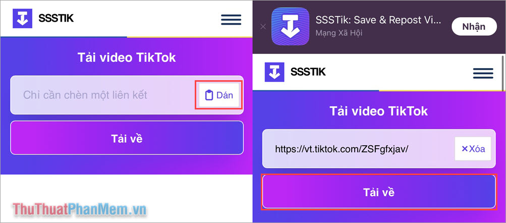 Truy cập trang chủ SSSTik và chọn Dán để điền link video cần tải vào trong hộp thoại
