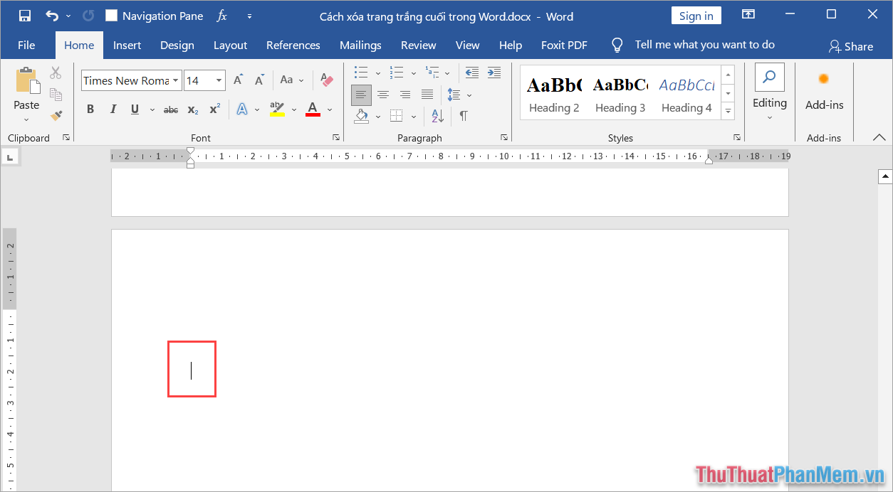 Đưa trở chuột đến vị trí trang trắng cuối trong file Word Đưa trở chuột đến vị trí trang trắng cuối trong file Word