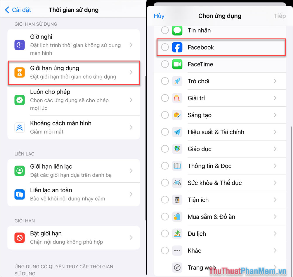 Chọn mục Giới hạn ứng dụng và tìm kiếm ứng dụng Facebook Chọn mục Giới hạn ứng dụng và tìm kiếm ứng dụng Facebook