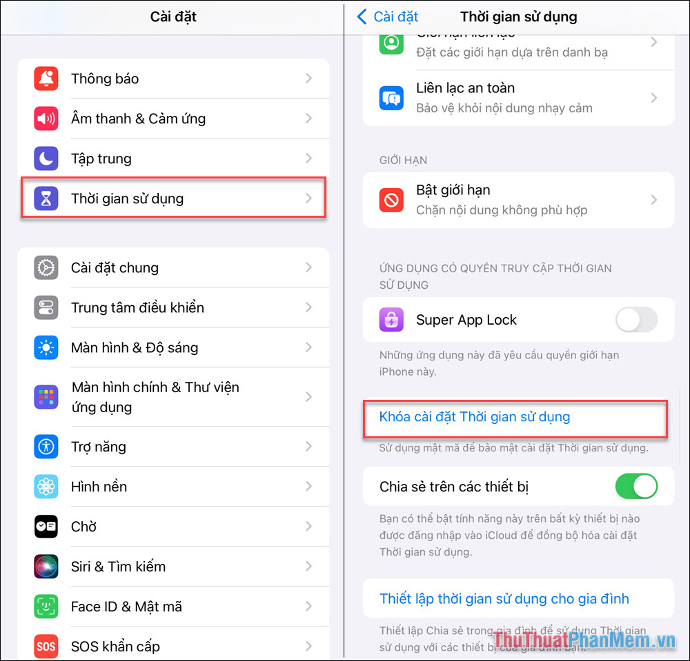 Chọn mục Thời gian sử dụng và kích hoạt tính năng Khóa cài đặt Thời gian sử dụng Chọn mục Thời gian sử dụng và kích hoạt tính năng Khóa cài đặt Thời gian sử dụng