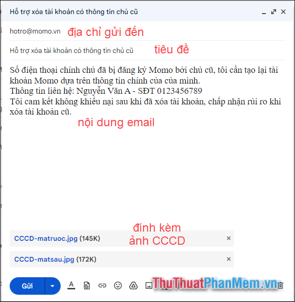 Gửi email đến dịch vụ CSKH của ví Momo