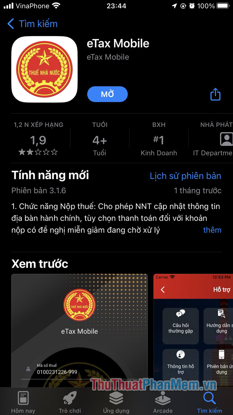 Tải ứng dụng eTax Mobile từ AppStore (iOS) hoặc CH Play (Android)