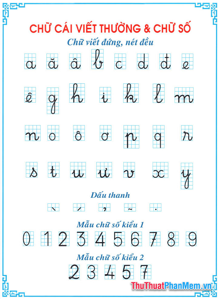 Mẫu chữ cái viết thường, dấu thanh và chữ số