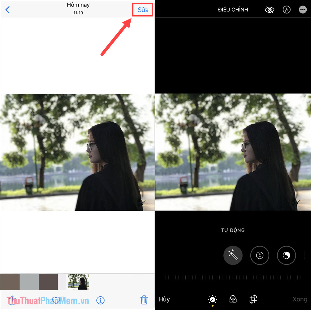 Mở hình ảnh cần chỉnh ảnh ngược sáng trên iPhone và chọn mục Sửa để chỉnh
