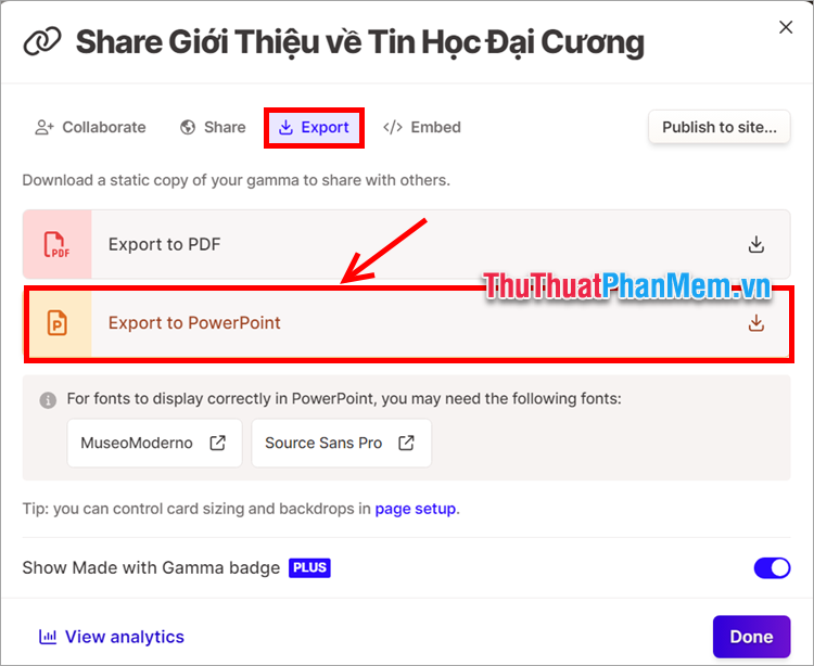 Chọn Export to PowerPoint