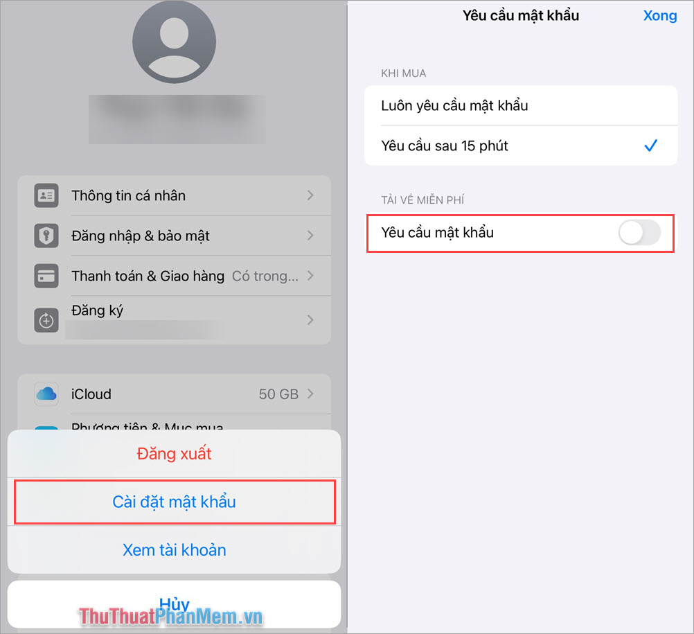 Chọn Cài đặt mật khẩu và tắt mục Yêu cầu mật khẩu