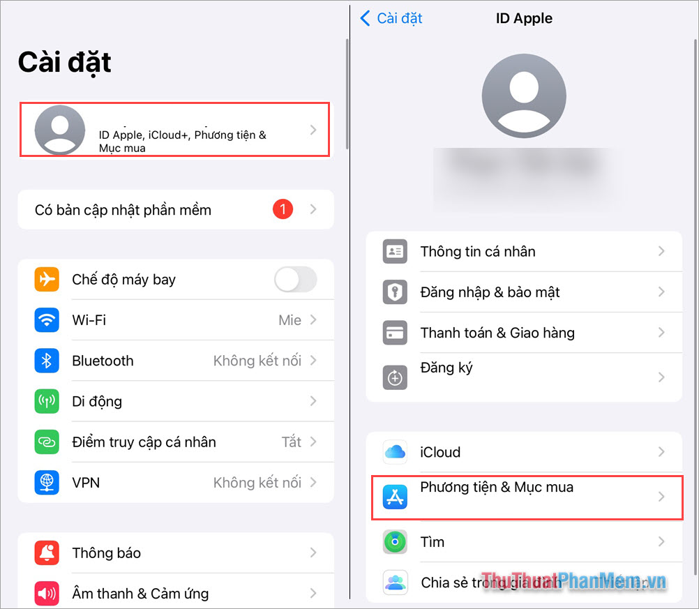 Chọn Phương tiện & Mục mua để thiết lập tính năng tải ứng dụng trên tài khoản