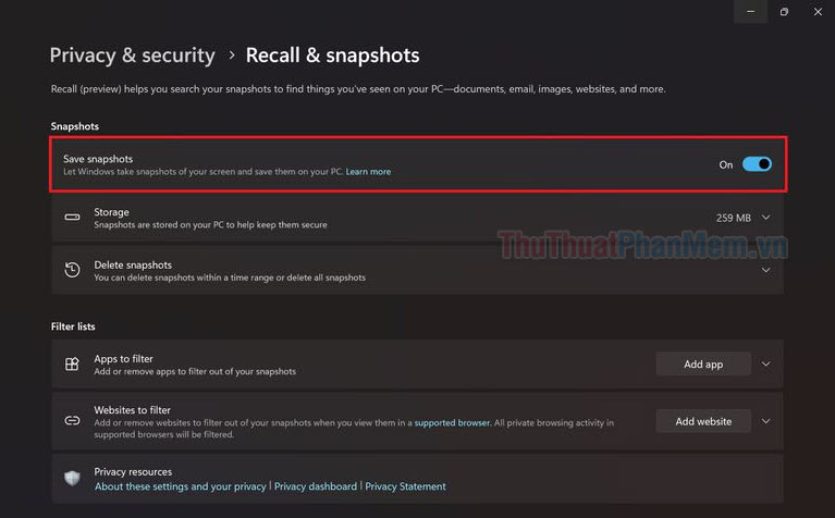 Mục Save snapshots, bạn hãy gạt công tắc về vị trí Off để tắt tính năng Windows Recall Mục Save snapshots, bạn hãy gạt công tắc về vị trí Off để tắt tính năng Windows Recall