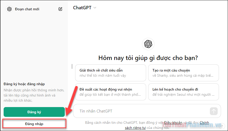 Truy cập vào trang chủ của ChatGPT và chọn Đăng nhập