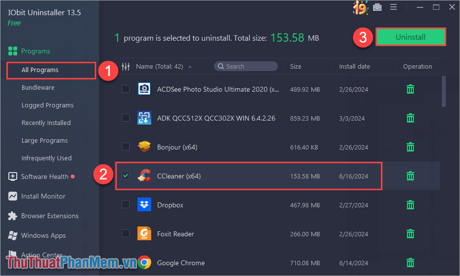 Chọn All Programs (1) → Chọn ứng dụng muốn xóa (2) → Uninstall (3) để thực hiện lệnh xóa triệt để