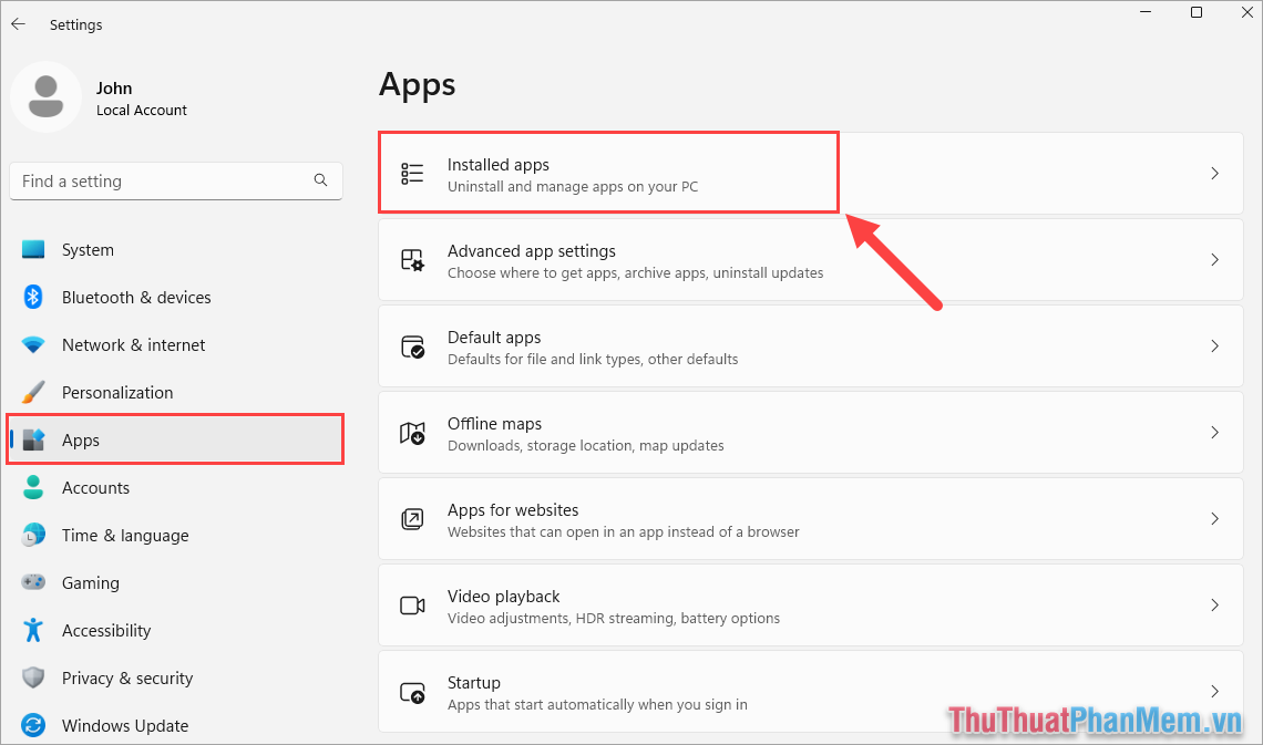 Chọn Apps → Installed Apps để xem toàn bộ danh sách các ứng dụng