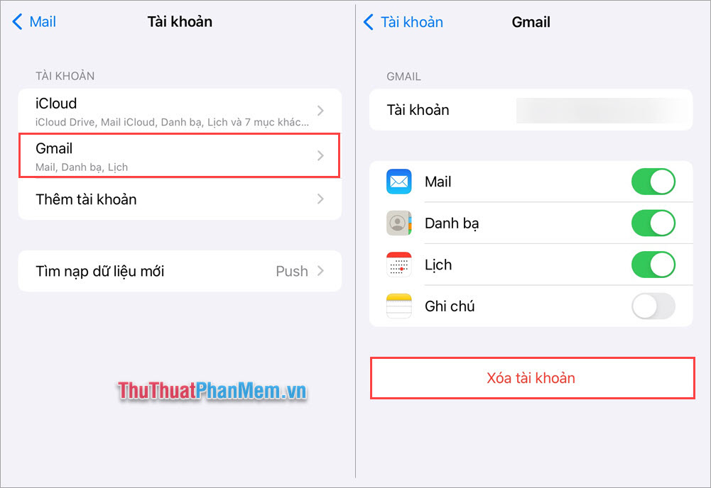 Chọn Gmail và chọn Xóa tài khoản