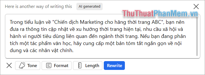 Chọn Rewrite để viết lại một đoạn văn bản mới