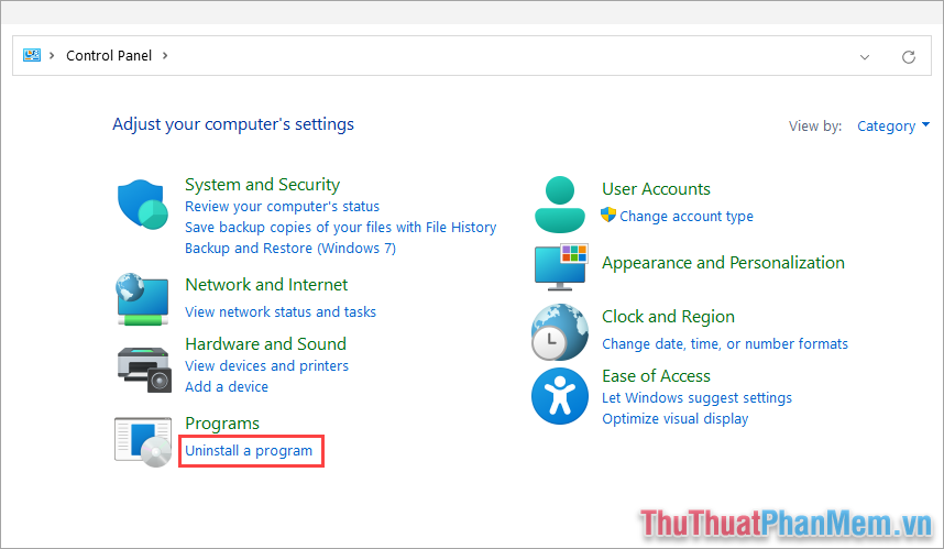 Chọn Uninstall a program để mở trình gỡ ứng dụng trên hệ điều hành
