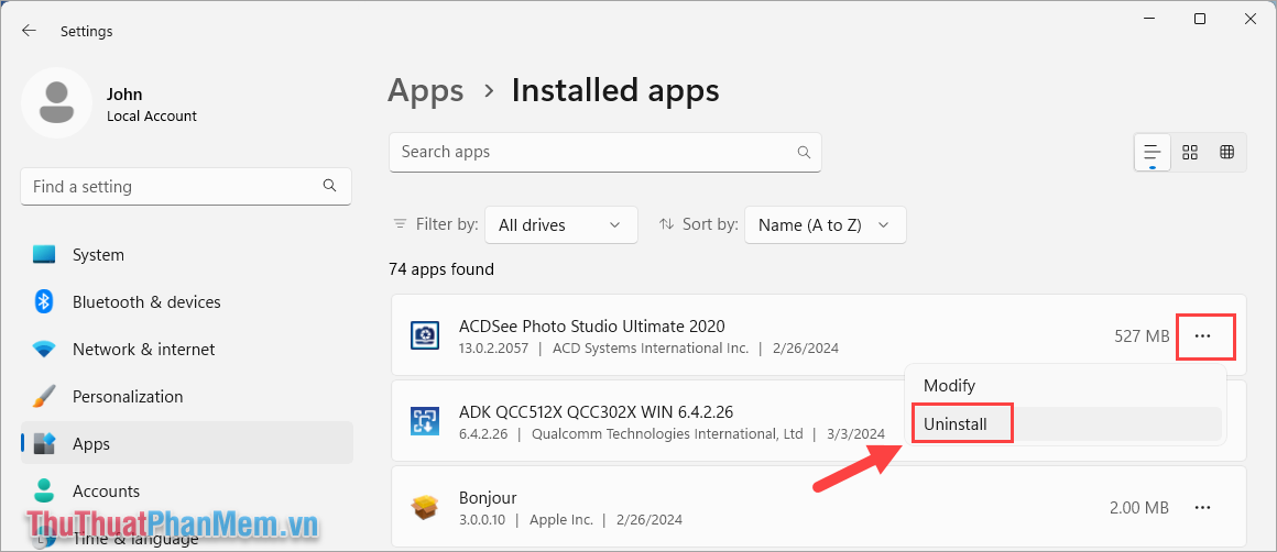 Chọn Uninstall để gỡ ứng dụng trên máy tính