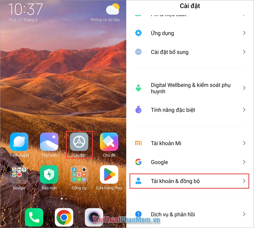 Mở Cài đặt trên điện thoại, chọn Tài khoản & Đồng bộ hoặc Google