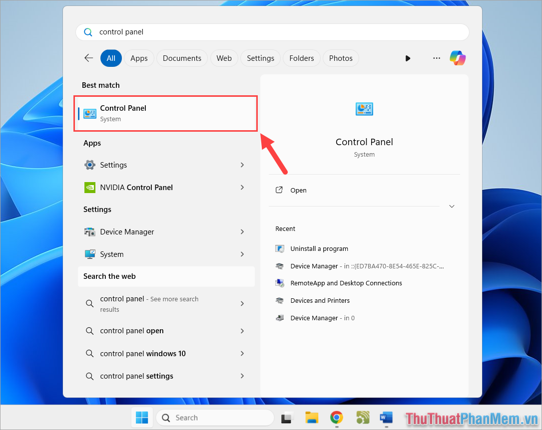 Mở Start, nhập Control Panel vào thanh tìm kiếm
