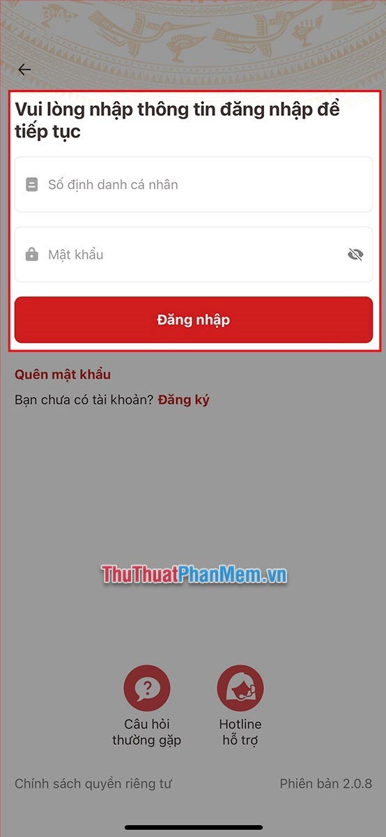 Mở ứng dụng và nhập mã số CCCD vào phần mã số định danh và tiến hành đăng nhập