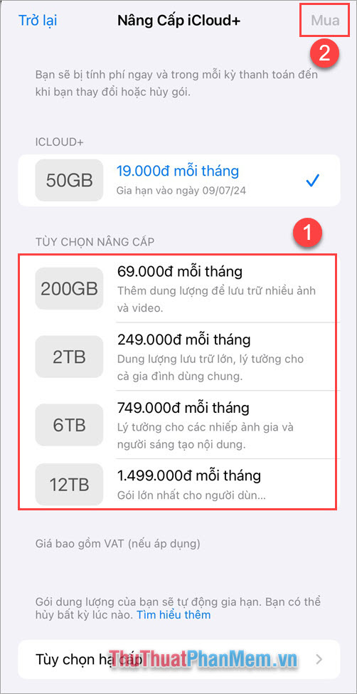 Chọn gói dung lượng (1) và chọn Mua (2) để hoàn tất việc mua dung lượng trên iPhone