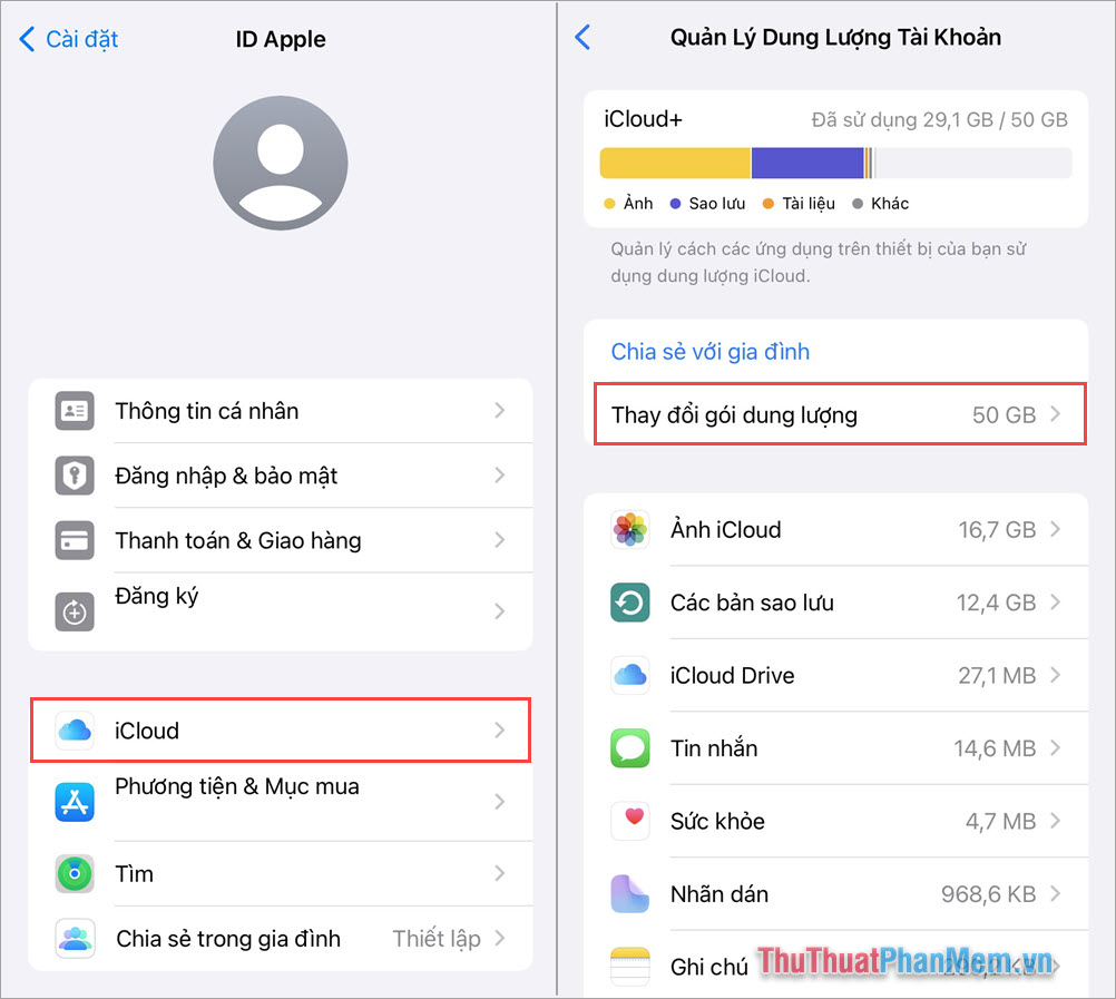 Chọn iCloud để đăng ký dịch vụ mua dung lượng trên điện thoại iPhone