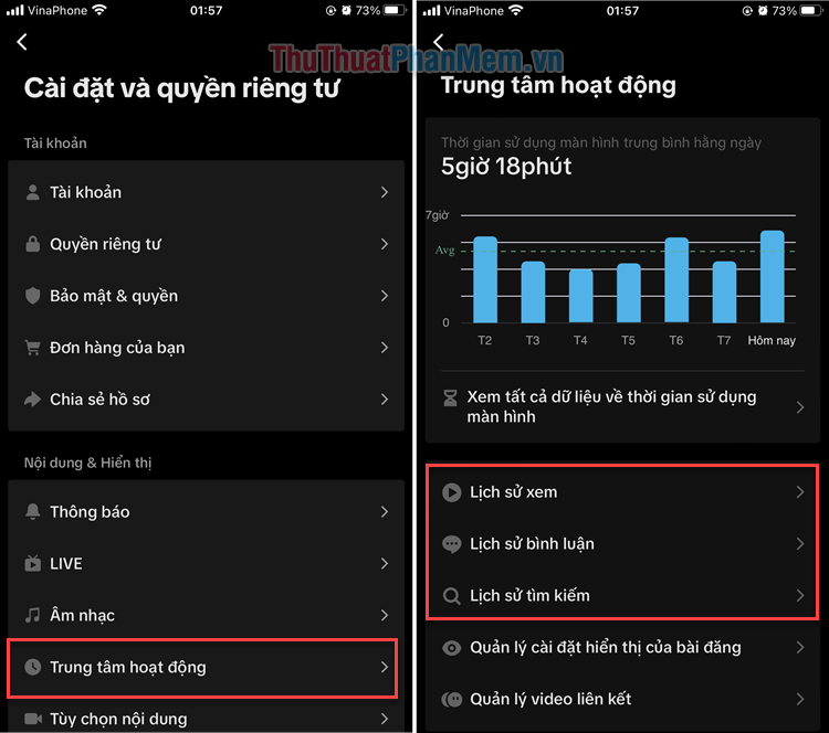 Chọn Trung tâm hoạt động → Tại đây bạn có thể xem lại Lịch sử video đã xem