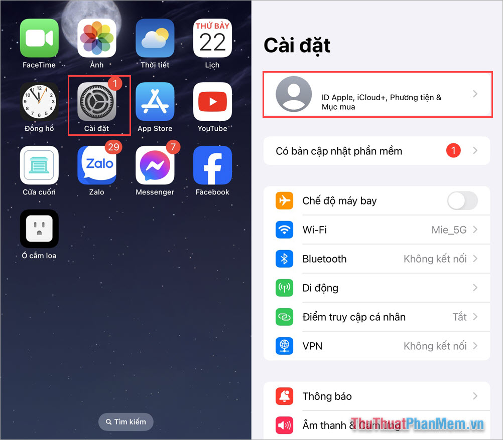 Mở Cài đặt trên điện thoại iPhone, chọn mục Tài khoản ID Apple, Cloud+, Phương tiện & Mục mua