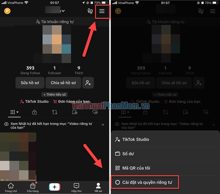 Mở ứng dụng TikTok → Hồ sơ → Ba dấu gạch ngang
