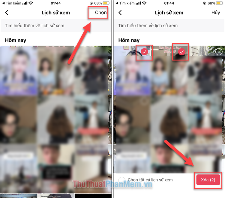 Xóa video đã xem bằng cách nhấn Chọn → bấm chọn video muốn xóa