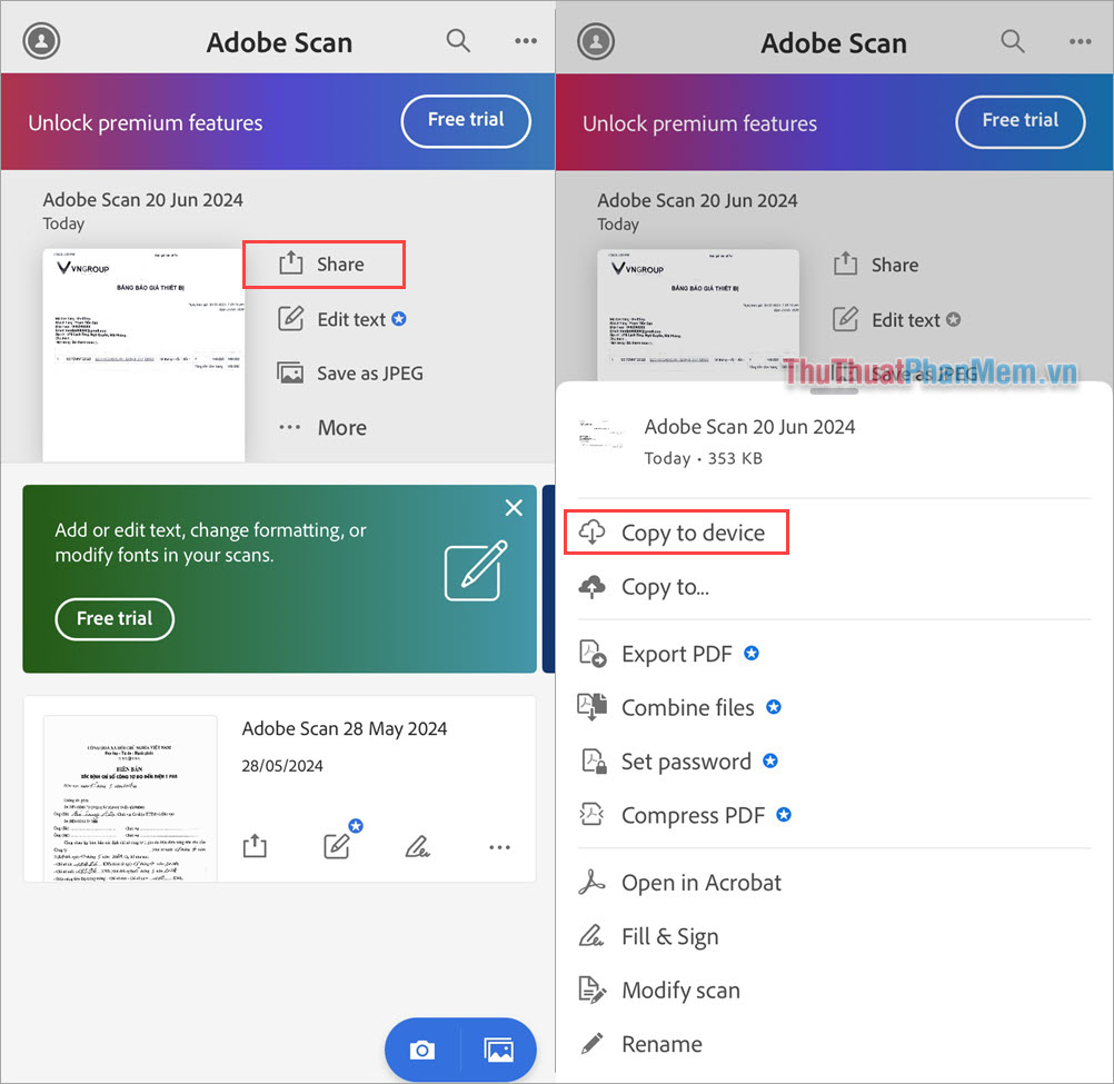 Chuyển sang cửa sổ lưu file Scan PDF, chọn mục Share và ấn Copy to device