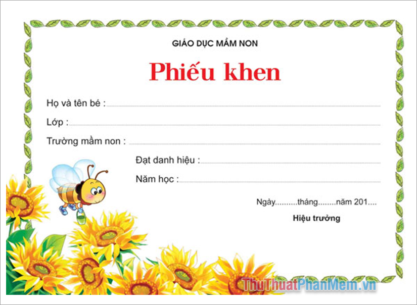 Mẫu phiếu khen học sinh mầm non file Word đẹp nhất