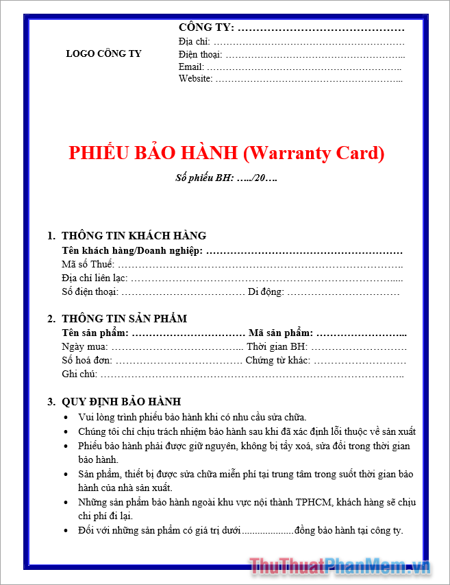 Mẫu phiếu xác nhận bảo hành sản phẩm file Word