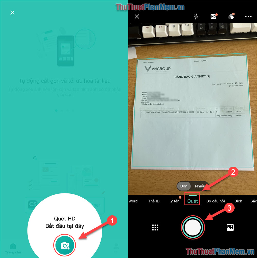 Mở Camera (1), chuyển sang chế độ Quét (2) để Scan tài liệu và nhấn Chụp (3)