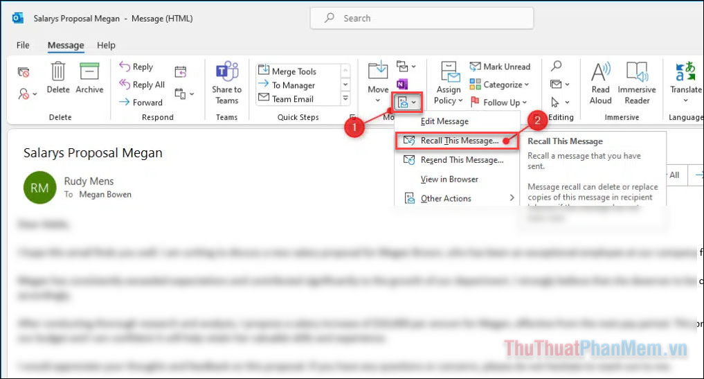 Trên thanh menu, nhấp vào Move Actions ➔ chọn Recall This Message để thu hồi