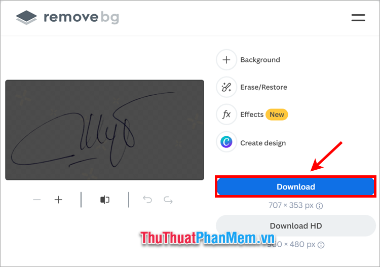 Bạn đợi remove.bg xóa nền, sau đó bạn chọn Download để tải chữ ký 