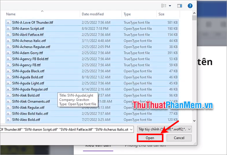 Chọn đến các font chữ mà bạn muốn thêm vào Canva và chọn Open