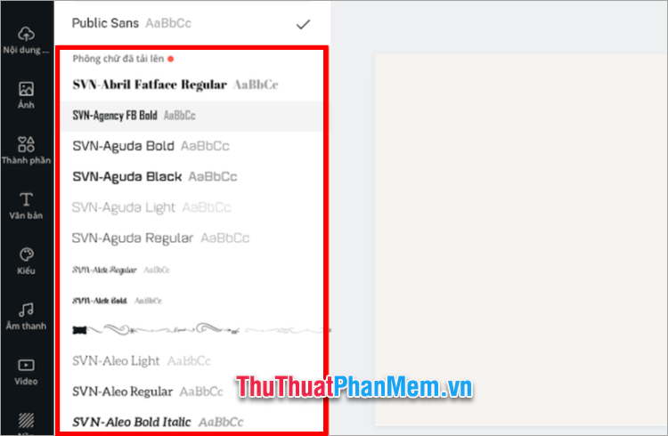 Font chữ được tải lên Canva